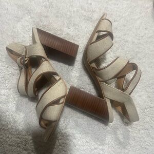 Cream and Brown Block Heel Sandals with Strappy Design